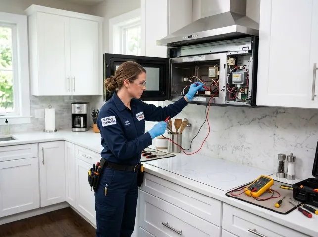 Appliance Repair Hero technician testing an over-the-range microwave in a Buckley, WA kitchen
