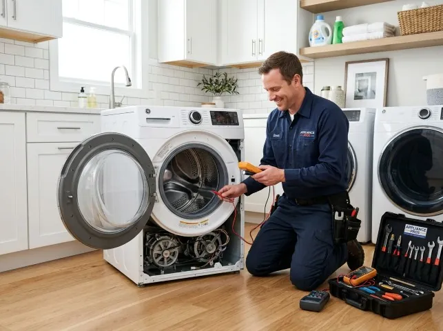 Appliance Repair Hero technician testing a front-load washer with a multimeter on a Buckley, WA service call